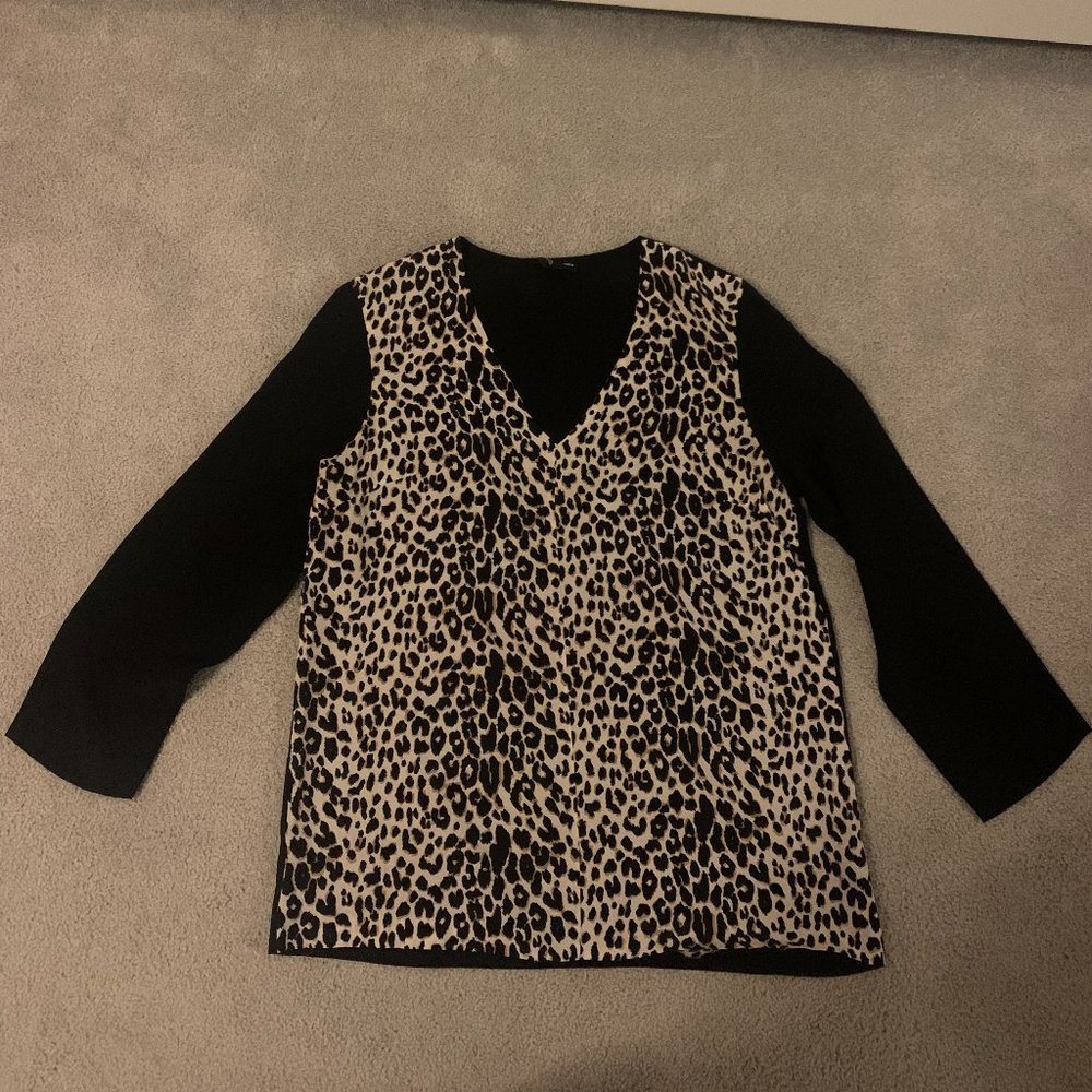 Club Monaco Black and Leopard Print Silk Shirt